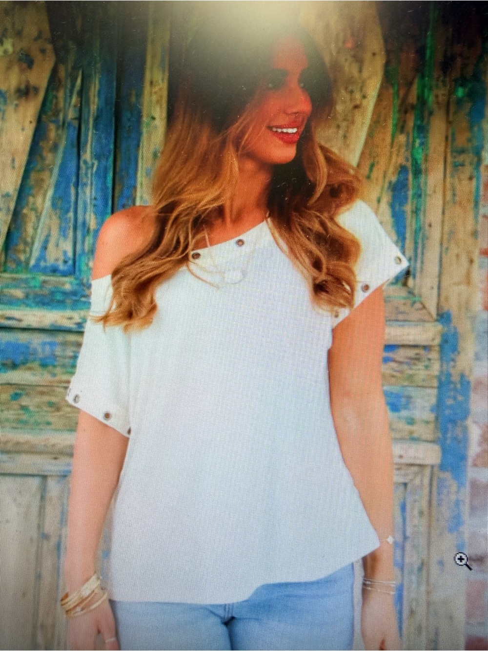 LovLov Cream Short Sleeve off shoulder Tee with Metal Eyelet Trim